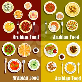 Bright arabian cuisine dishes icons with kebabs, shawarma and chickpea falafels, hummus and soups, rice, vegetable and bread salads with meat stews, nut desserts and sesame pastries with coffee drinks