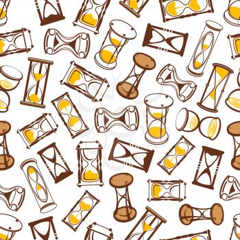 Flow of time background for time concept design with seamless pattern of abstract modern hourglasses and vintage wooden sandglasses with brown and yellow sand