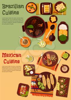 Delicious and rich of flavors cuisine of Mexico and Brazil flat icons with grilled beef and corn, black bean and shrimp stews, tacos, enchiladas and guacamole with nachos, staffed peppers and fried po
