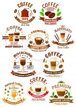 Premium quality coffee beverages icons with decorative and takeaway cups of espresso and latte, macchiato, mochaccino and irish cream coffee drinks, adorned by coffee beans and stars, ribbon banners a