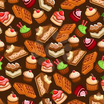 Seamless pattern of awesome chocolate cakes with cream and frosting decorations, cupcakes and muffins with fresh fruits and berries, belgian sugar waffles over brown background. Confectionery and past