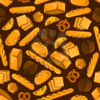 Wholesome fresh bakery products from the brick oven cartoon pattern with seamless illustration of wheat and rye bread loaves, french baguettes and croissants, cupcakes and pretzels on brown background