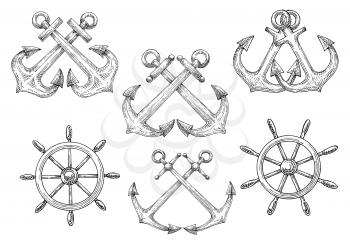 Retro nautical symbols of sketched sailing ships helms and crossed admiralty anchors. Use as marine club badge or navy heraldic design 