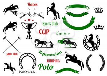 Equestrian and polo club, races and jumping show competition symbols with rearing up and jumping horses, galloping race horses with riders, trophy cup and horseshoes, crossed mallets and whips, herald