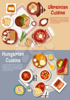 National cuisine of Ukraine and Hungary with flat symbols of rye and flat bread with cheese, fatback and sausages, borscht and fish soup, cabbage rolls, egg noodles and dumplings, pancakes and stove c