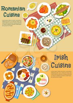 Irish stew and romanian mamaliga dishes served with grilled meat and fish, pancakes and full breakfast, cabbage rolls and corned beef, brussel sprouts and eggplant salads, thick stews and soups, sweet