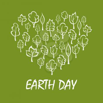 Green trees and plants arranged into a shape of heart symbol with caption Earth Day below. Concept illustration for save earth and eco friendly theme design