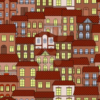 Vintage seamless architecture background with pattern of old part of a town at evening time with brown facades of houses and bright shining windows. Great for interior or real estate theme design