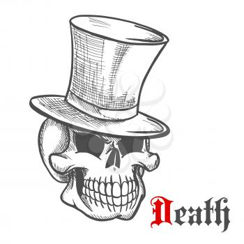 Elegant mister skull icon in vintage silk top hat with evil grin. Skeleton gentleman sketch illustration for tattoo, t-shirt print or Halloween mascot design