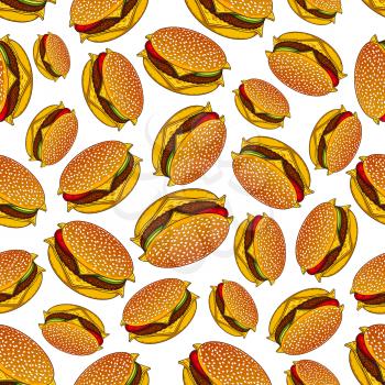 Appetizing seamless double cheeseburgers pattern background for fast food design with sliced sesame buns filled with patties and swiss cheese, fresh tomatoes, cucumbers and lettuce