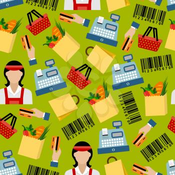 Grocery shopping colorful seamless pattern with cashier sellers and cash registers, shopping baskets and paper bags with fresh vegetables and bread, bank credit cards and barcodes on green background
