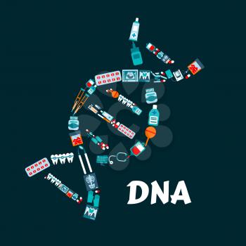 DNA helix symbol for healthcare and science theme design with pills and stethoscope, medicines and blood bags, dentist chair, tools and teeth with braces, x ray, ecg and ultrasound monitors flat icons