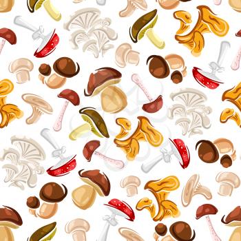 Delicatessen forest mushrooms seamless pattern background for healthy vegetarian food design with chanterelles and champignons, orange and brown cap boletus, oysters and ceps, dangerous poisonous aman