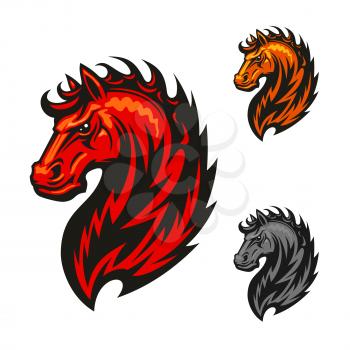 Fire horse or devil stallion symbol with head of an angry horse with orange and red flaming mane. For sport team mascot or t-shirt print design