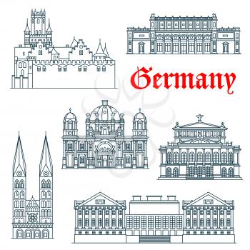 Most popular tourist attractions of german architecture icon with linear symbols of Berlin Cathedral and Alte Oper concert hall, St. Peter Cathedral and Marienburg Castle, Pergamon and Kunsthalle Muse