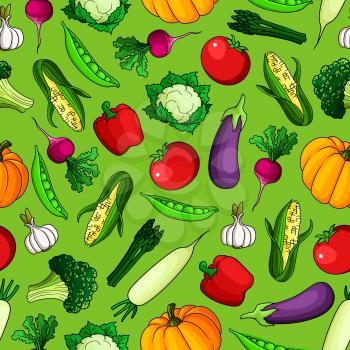 Seamless pattern of freshly harvested farm tomatoes and bell peppers, sweet corn cobs and pumpkins, green peas, broccoli and asparagus, ripe eggplants and cauliflowers, spicy garlic and radishes veget