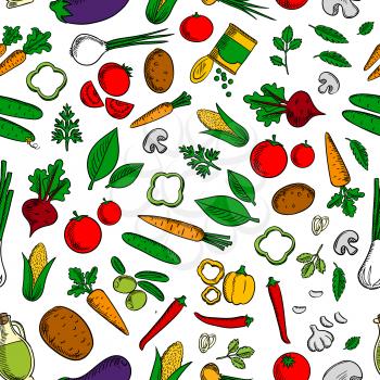 Vegetable salad ingredients background with seamless pattern of tomatoes, olives and onions, carrots, beetroots and corn cobs, peppers, cucumbers and eggplants, potatoes, mushrooms and garlic, canned 