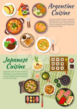 Japanese sushi and sashimi with argentine empanadas and tortillas symbol, miso soup and seafood cazuela, tofu and shrimp soup with beef shank and pork chop, beef with mushrooms and avocado soup, green