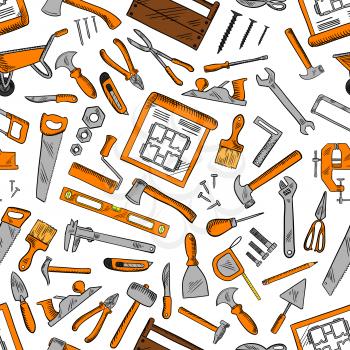 Construction hand tools seamless pattern background with hammers, screwdrivers and spanners, pliers, axes and trowels, paint brushes and rollers, knives, saws and scissors, nails and fasteners, drawin