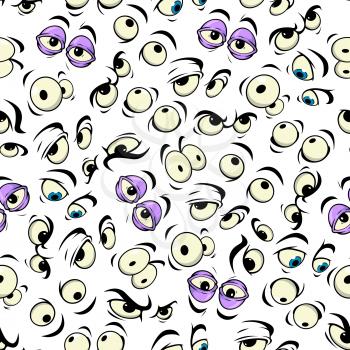 Seamless pattern of emotional comic faces background with cartoon sleepy and tired, scared and surprised, angry and confused, silly and thoughtful eyes characters