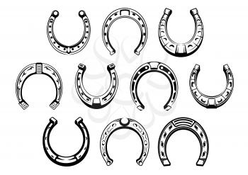 Lucky horseshoes icons with decorative ornaments of nail holes, figured toes and rounded heels. Great for protective talisman, heraldic canting charges design usage