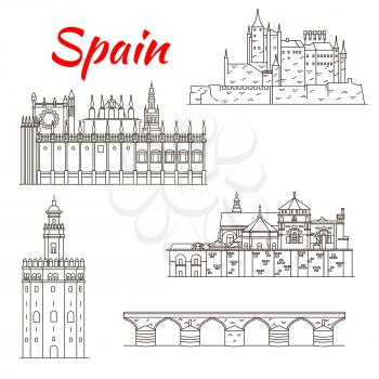 World architectural heritage of Spain linear icon of Fortress Alcazar, Roman bridge and Mosque-Cathedral of Cordoba, Cathedral and Golden Tower in Seville. Travel or vacation planning design usage