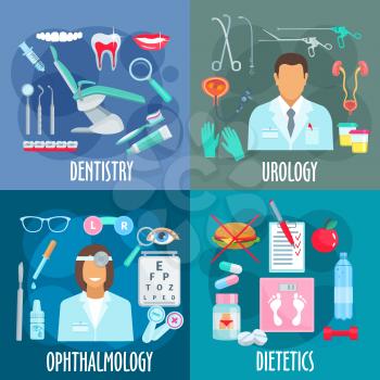 Medical branches flat design concept with icons of dentistry with dentist tools, urology with urologist, instruments and treatments, ophthalmology with optometrist and visual acuity test, dietetics wi