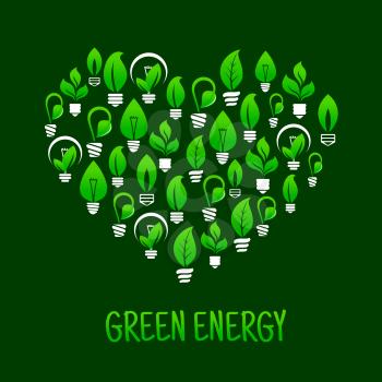 Saving energy ecological concept icon with symbol of heart made up of light bulbs with green plants. Use as think green concept or t-shirt print design