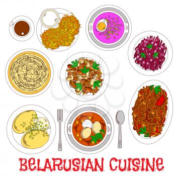 Main dishes of belarusian dinner icon with sketched potato pancakes, chicken chowder and potatoes with sour cream, potato and bell pepper stews, cream potato casserole, cold beet soup and red cabbage 