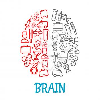 Medical icons shaped as human brain for healthcare symbol design with red and gray sketches of pills, syringes, first aid kits and thermometers, doctors, ambulances, hearts and teeth, test tubes, DNA,