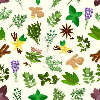 Fresh spicy herbs and condiments seamless pattern background with parsley, mint and rosemary, basil, dill and anise, thyme, oregano and cinnamon, ginger, bay leaves and vanilla, cloves, arugula, lavan