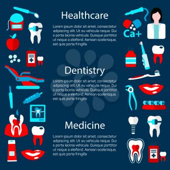 Medicine and healthcare poster design template for dentistry concept with text layout flanked by flat symbols of dentist with tools and equipments, healthy and decayed teeth, toothbrushes and toothpas