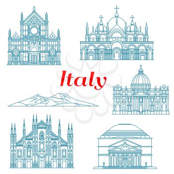 Antique religious architecture and famous nature landmarks of Italy icons for travel landmarks design or italian vacation concept. Linear symbols of Mount Vesuvius and Pantheon, Milan Cathedral, Cathe