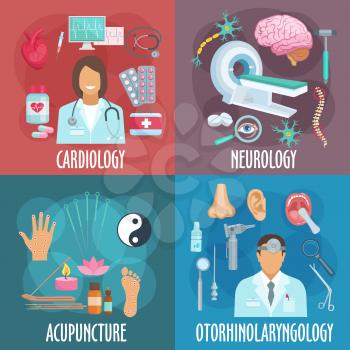 Conventional and alternative forms of medicine icons of cardiology, neurology, acupuncture and otorhinolaryngology flat symbols with doctors in uniforms, examination medical devices and diagnosis equi