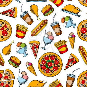 Seamless retro sketches of fast food dishes pattern background with hamburgers, hot dogs and coffee cups, pepperoni pizza, french fries and fried chicken, ice cream cones and sundae desserts