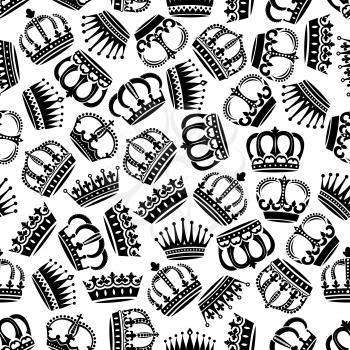 Black and white seamless medieval victorian crowns pattern background for monarchy theme or jewelry concept design with royal headwear ornated by fleur-de-lis and floral ornaments, pearl and diamond i