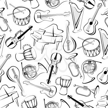 Outlined musical instruments background for musical event or orchestra themes design with black and white seamless pattern of grand pianos, drums and guitars, trumpets, horns and violins, harps and ma