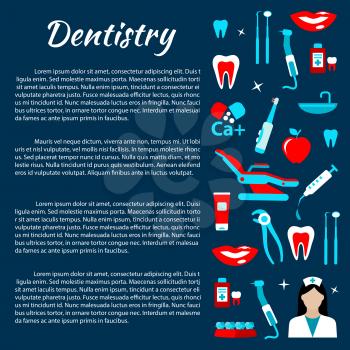 Dentist office and dental treatments infographics design template with row of dentist tools and chair, doctor, healthy teeth and smiles, toothpastes and toothbrushes, braces, vitamins and mouthwashes 