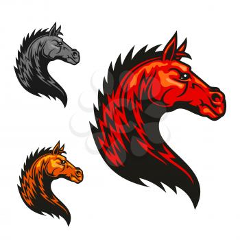 Powerful tribal stallion cartoon symbol for motorsport theme or equestrian club badge design with red horse profile with wavy fur and mane like fire flames
