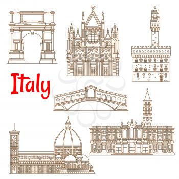 Renaissance architecture and ancient monuments of Italy icons in thin line style. Church of Santa Maria Maggiore and Siena Cathedral, Cathedral of Saint Mary of the Flower and Palazzo Vecchio, Arch of