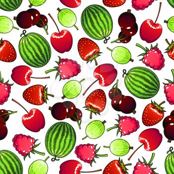 Seamless flavorful berries pattern background with forest strawberries and raspberries, sweet cherries and black currants, green striped watermelons and gooseberries. Greengrocery market or kitchen in