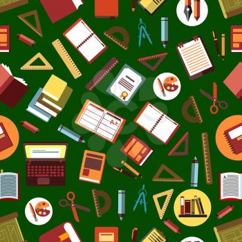 Seamless school supplies background for education and back to school concept design with flat pattern of books, laptops and copybooks, pencils, pens and rulers, paints, scissors and compasses, drawing