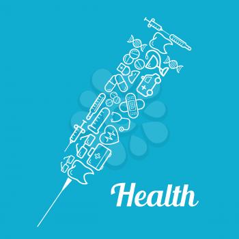 Syringe shape with needle with health care icons. Tooth and pill, heart and pulse, stethoscope and doctor, medic and ambulance, thermometer and flask thin line icons