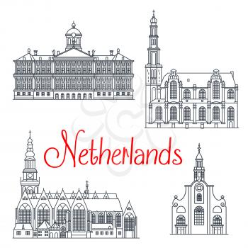 Historical and memorable travel landmark icons of Netherlands. Dutch royal palace in Amsterdam and oude kerk old church, Westerkerk and the old or pilgrim fathers church