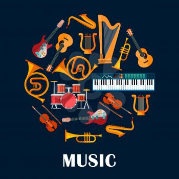 Music instruments or sound equipment. Electric and acoustic guitars, drum kit or trap set and violin, saxophone and lyre, synthesizer and trumpet. Brass, string, woodwind, percussion