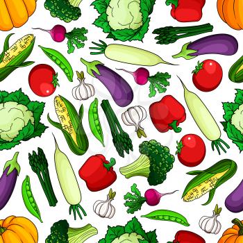 Ripe and healthy farm vegetables seamless pattern. Tomato and radish, pumpkin and bell pepper, pea pod, garlic and corn cob, cabbage, broccoli, asparagus and daikon. Agriculture and vegetarian theme