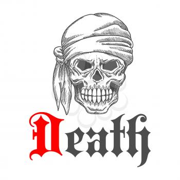 Pirate skull with smile or scary grin in bandana. Evil and dangerous, dreadful corsair in sketch style for emblem, mascot or tattoo design. Concept of death and horror