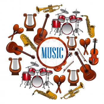 Collection of sound equipment or music instruments . Trap set or drum kit, acoustic guitars and violin,lyre and saxophone, trumpet.  Woodwind, string, brass, percussion used in jazz, rock, pop, disco.