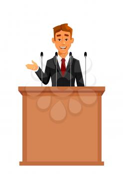 Cartoon businessman or politician in suit at tribune with microphones making a speech. Orator or narrator, spokesman or leader at debates or presentation for audience. Business meeting or conference t