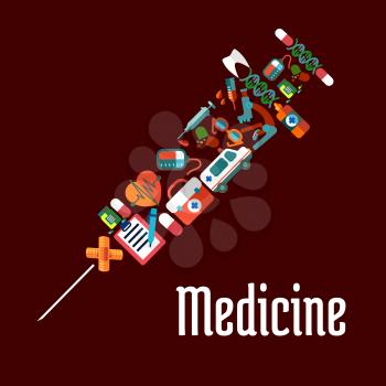 Healthcare or medicine icons in syringe shaped form with needle for injection. Tablet and pill, heart and pulse, tooth, and sphygmomanometer, stethoscope and ambulance, thermometer and flask